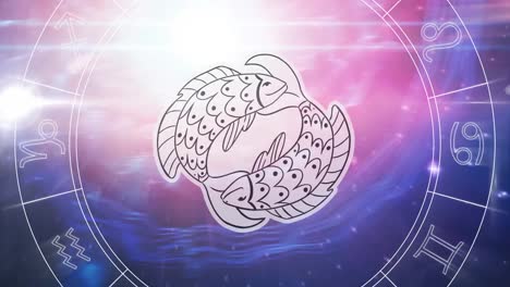 Animation-of-spinning-star-sign-wheel-with-pisces-sign-and-stars