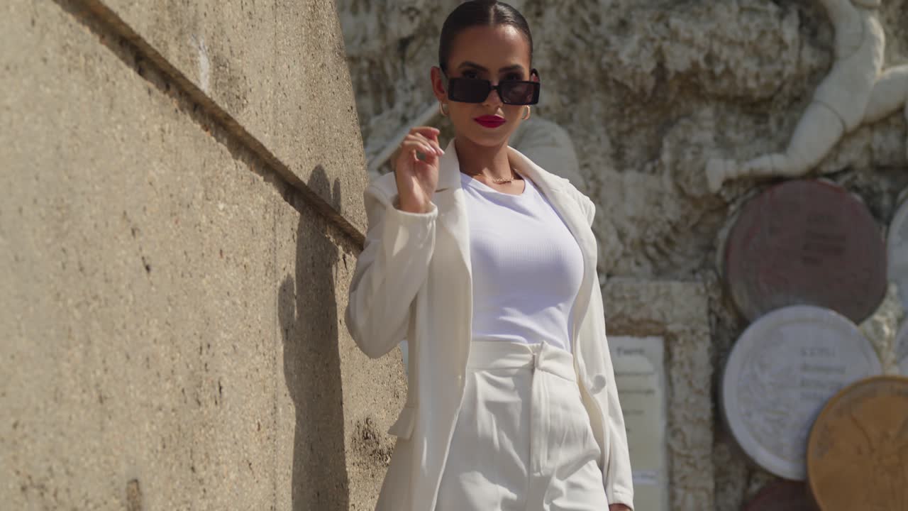 una mujer joven vestida con un traje de negocios está de pie en el medio de la ciudad