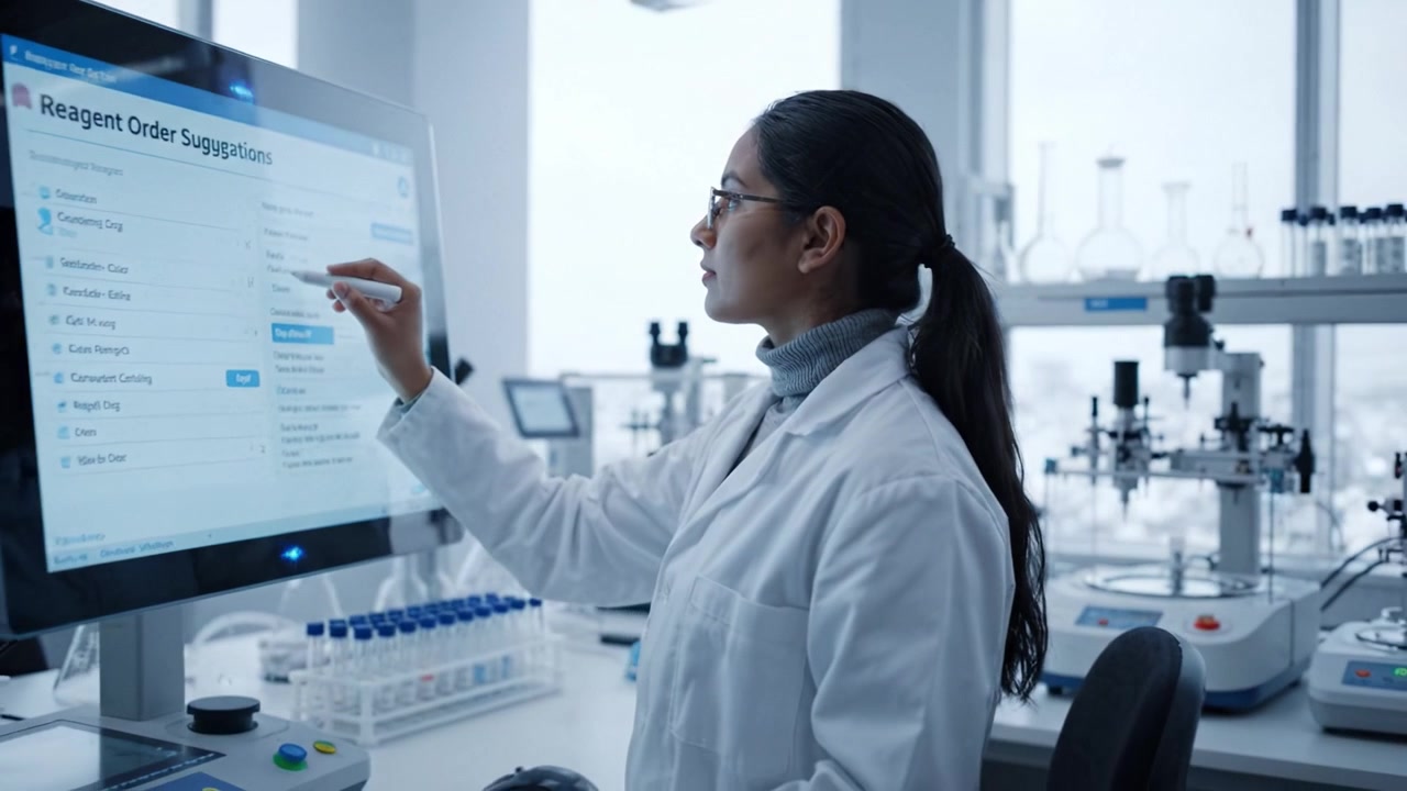 Cientista Analisando Dados em Laboratório, Utilizando Tecnologia Avançada para Pesquisa e Experimentação com Interfaces Digitais e Equipamentos de Laboratório