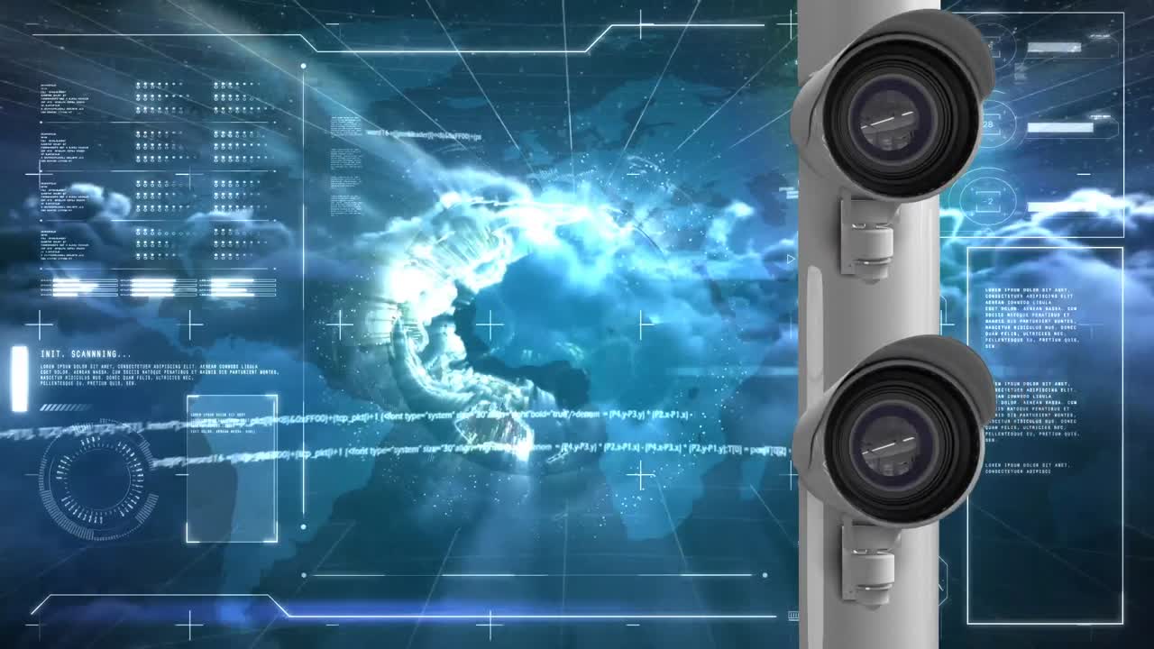 animación del globo con pantallas de información y cámaras de vigilancia móviles
