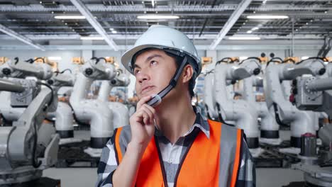 Engineer Considering Industrial Robot Maintenance in a Factory