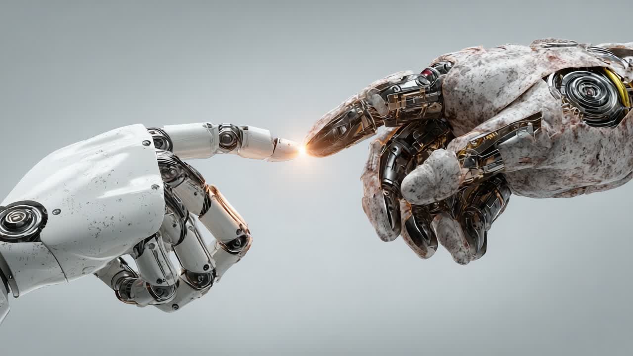 A Profound Moment: The Intersection of Human and Machine in a Striking Visual of Robotic Hands Reaching Toward One Another, Symbolizing Connection and Future Possibilities