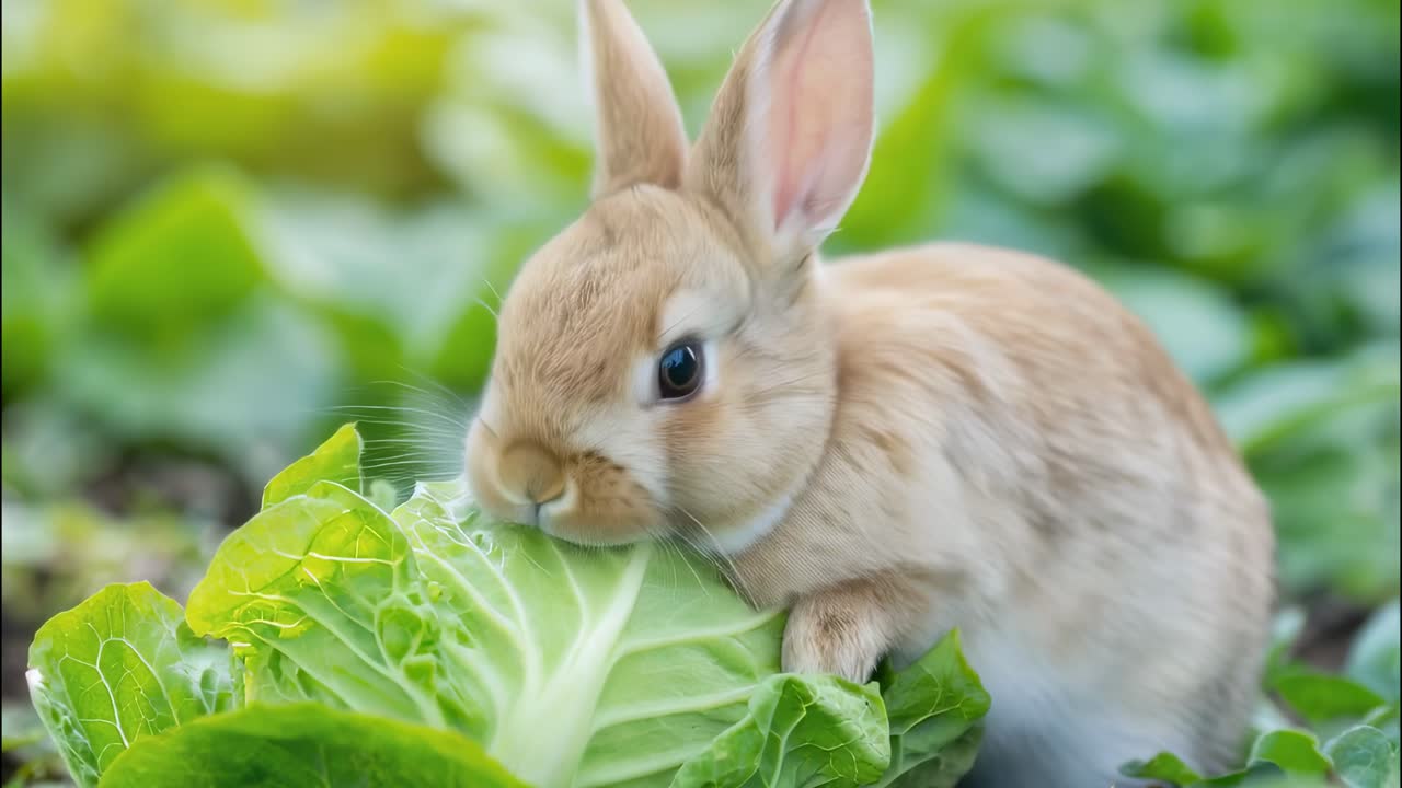 Small light brown rabbit munching on a green lettuce leaf in a vegetable garden, enjoying a healthy meal in a natural setting, ideal for nature and pet projects