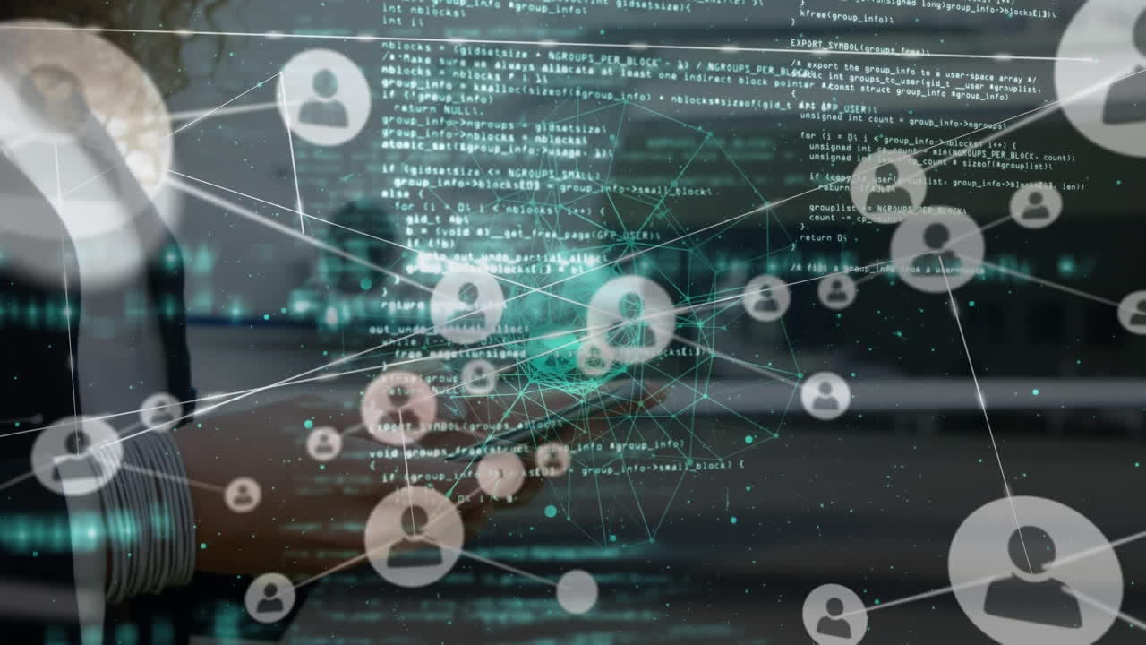 Animation of network of connections over hands of caucasian businesswoman using smartphone