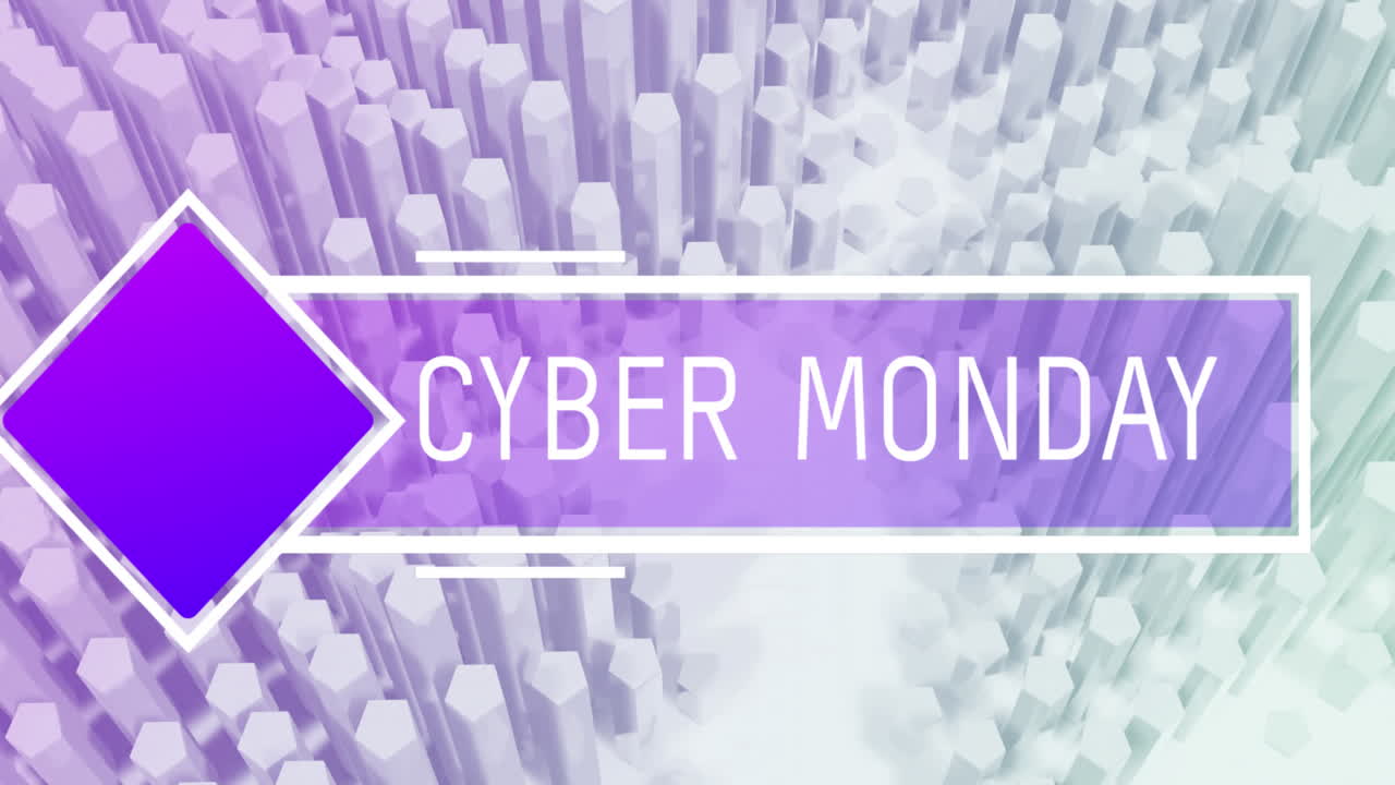 animación del nuevo texto de cyber monday en blanco en una pancarta púrpura sobre bloques hexagonales blancos en movimiento