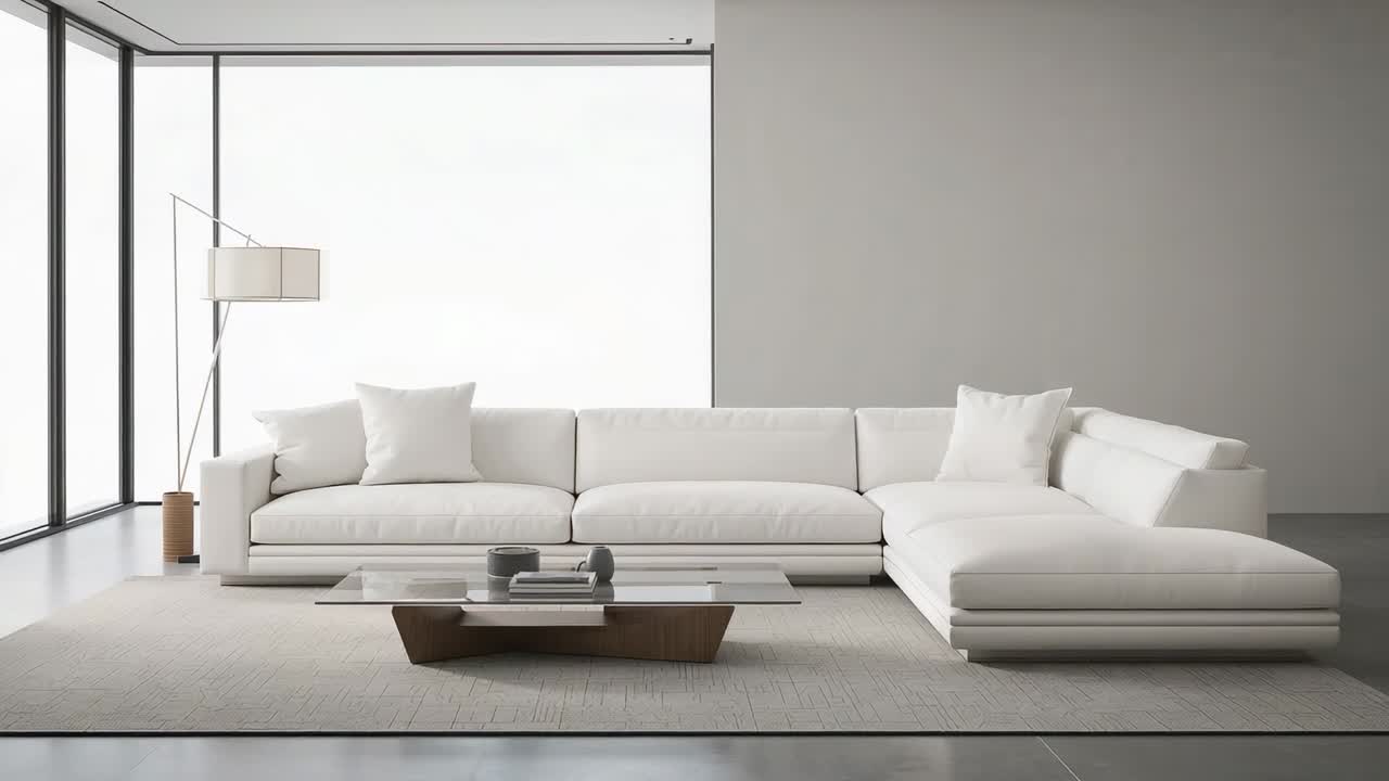 Camera capturing living room, with white L-shaped sofa, coffee table, floor lamp, rug, window