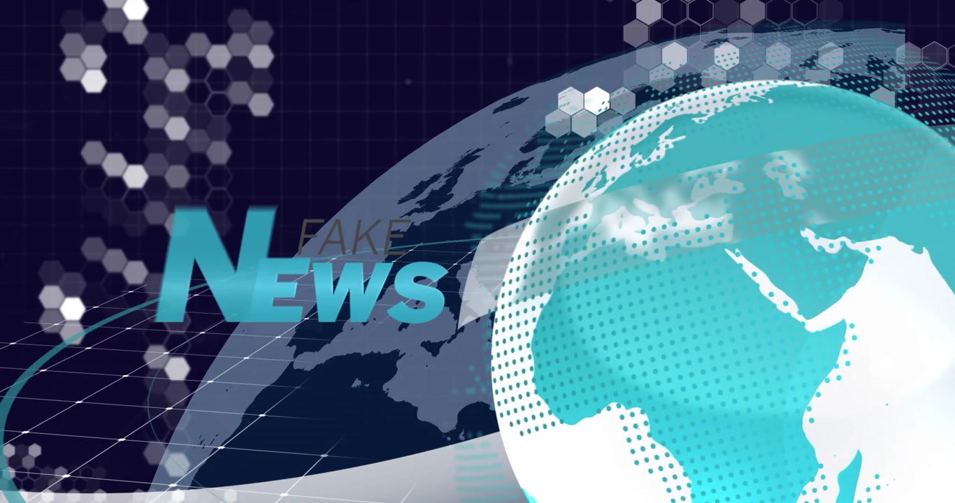 Animation of globe with fake news text and data processing on black background