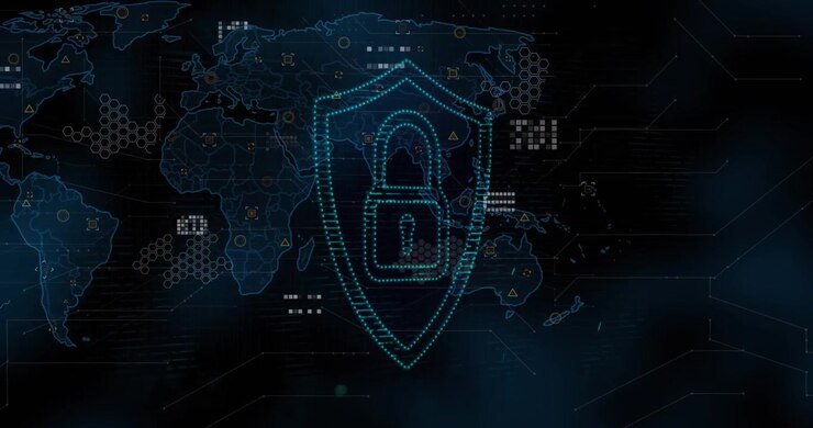 Animation of light spot and security padlock icon over world map against blue background