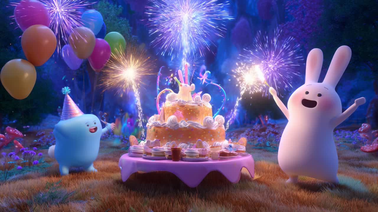 A Vibrant Celebration with Colorful Balloons, Festive Cake, and Magical Fireworks. Joyful Characters Enjoy a Whimsical Birthday Party in a Fantastical Setting of Enchantment