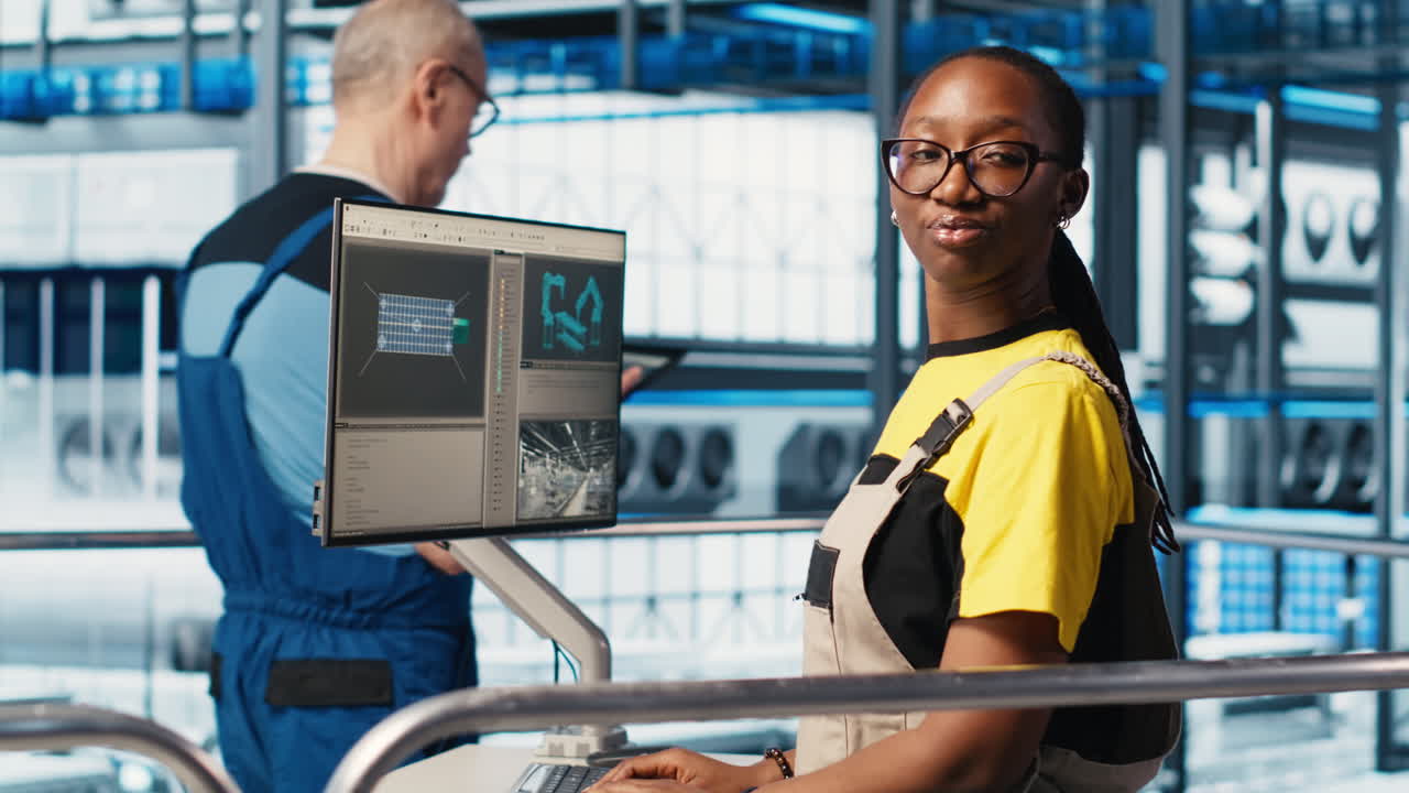 Portrait of cheerful photovoltaics smart factory engineer typing on PC