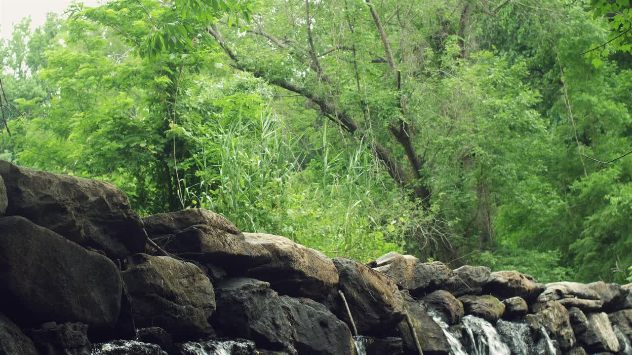 물이 흐르는 바위들을 향해 아래로 기울어 강으로 떨어집니다.