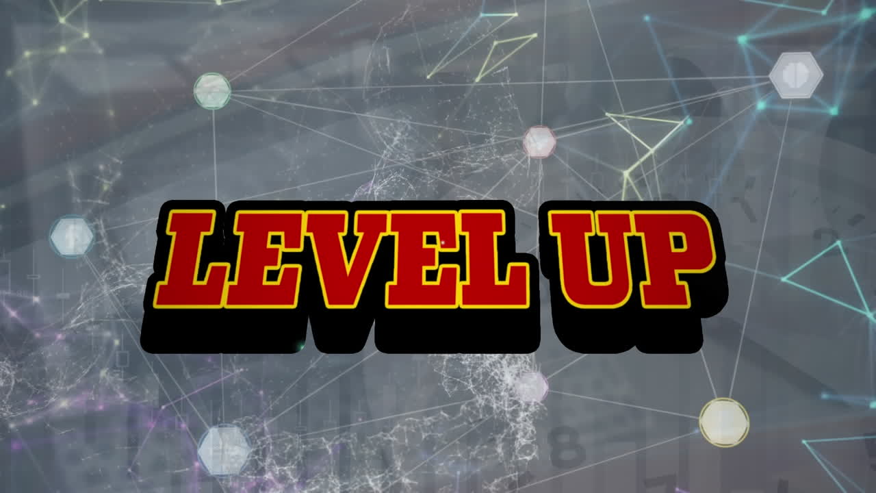 animación de texto de nivel superior, red de conexiones con iconos sobre el procesamiento de datos