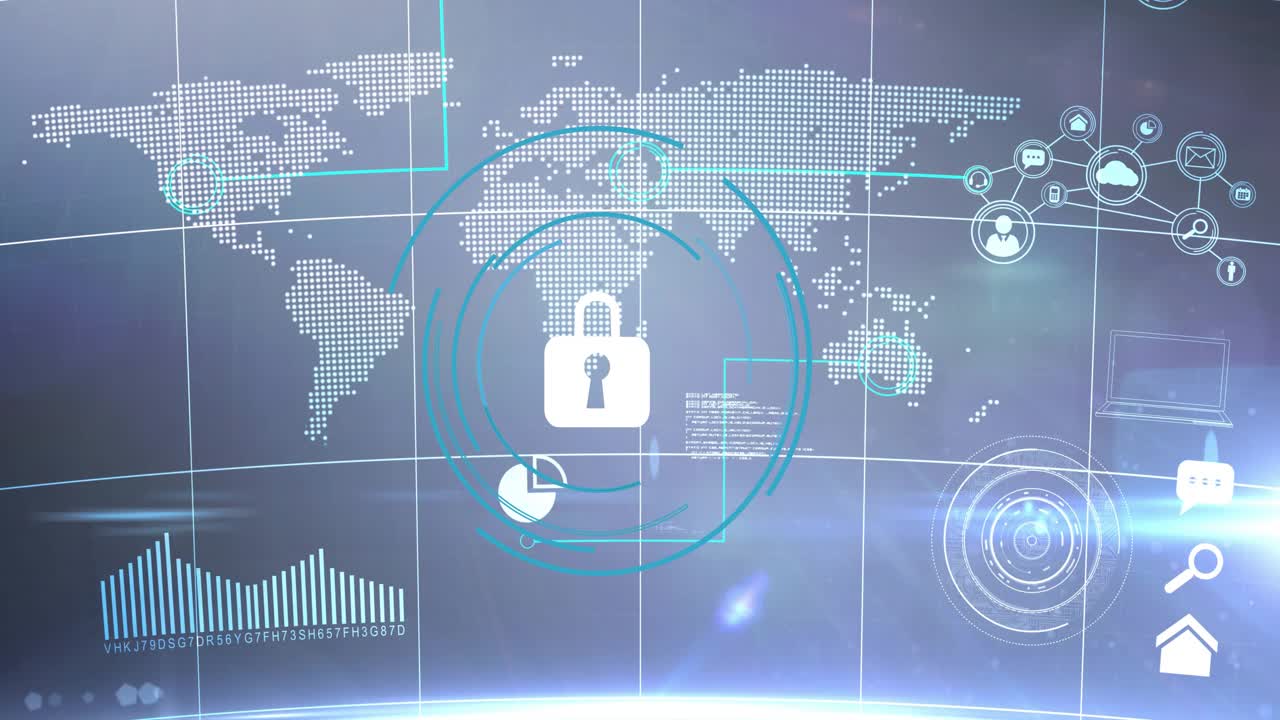 Teal strokes starting left drawing concentric rings while white padlock fading up, locking data