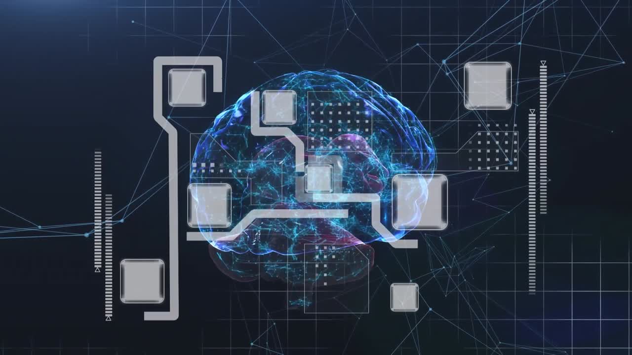 Animation of human brain and data processing over dark background
