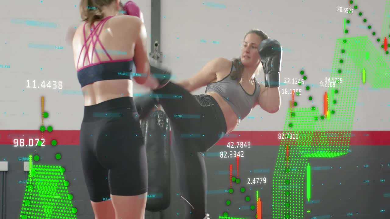 Pink-gloved athlete launching kick, opponent blocking, countering, charts overlaying training stats