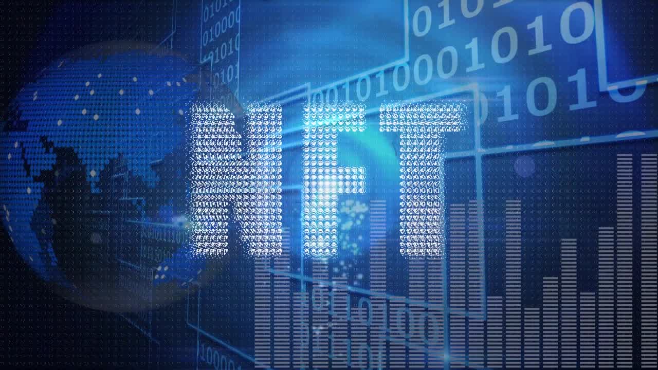 음악 이 ⁇ 라이저와 바이너리 코딩에 대한 nft 텍스트 배너와 회전하는 글로브의 애니메이션