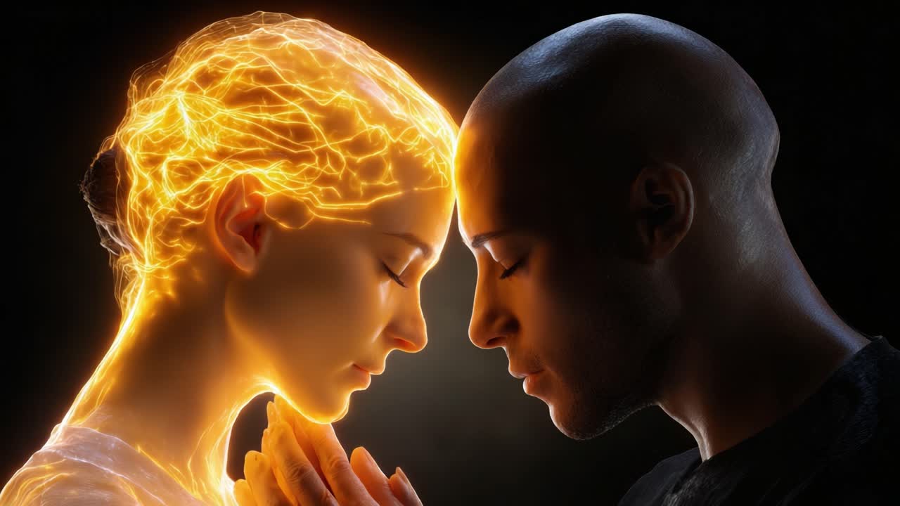 A Captivating Connection: A Tender Moment Between Two Souls with Ethereal Golden Energy Representing Their Deep Bond and Emotional Unity in a Stunning Art Piece