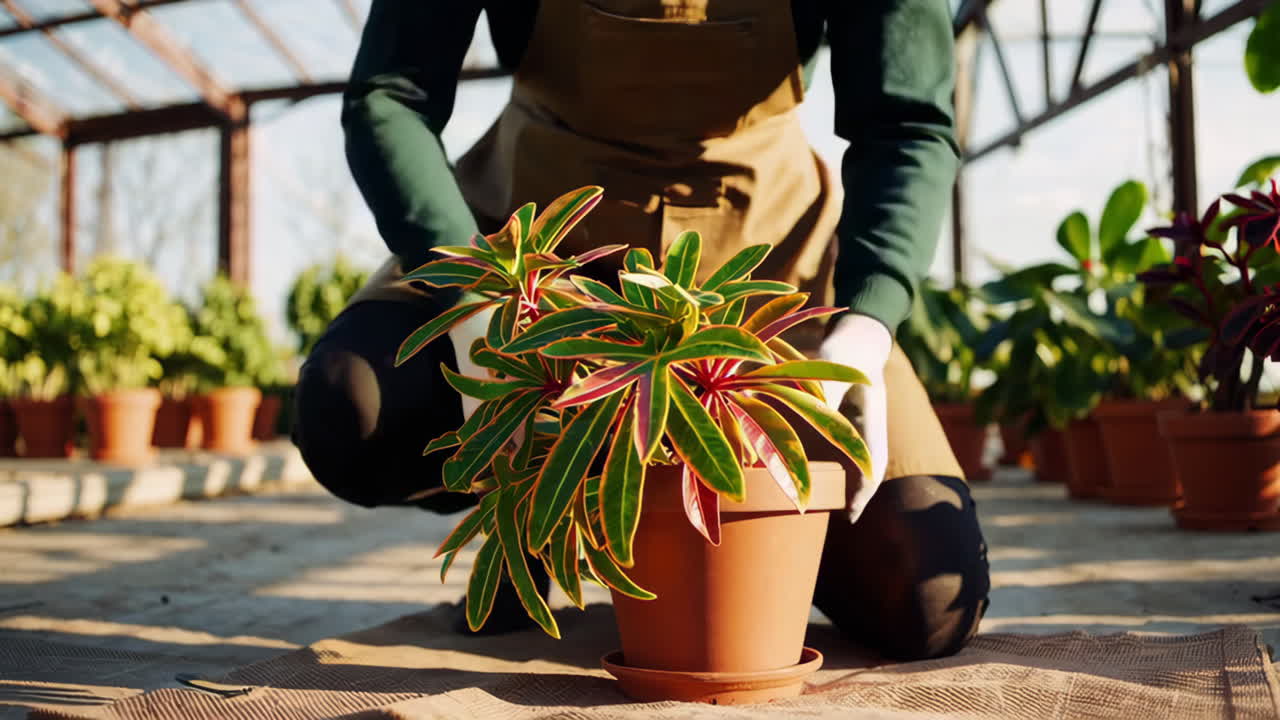 Gardener Caring For Plants in Greenhouse