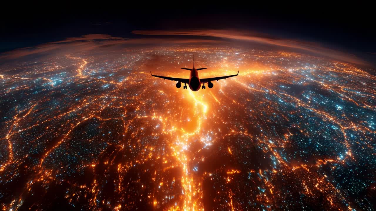 Aerial View of Airplane Flying Over a Cityscape at Night, Surrounded by Vibrant Lights and Illuminated Streets in a Breathtaking Display of Urban Beauty