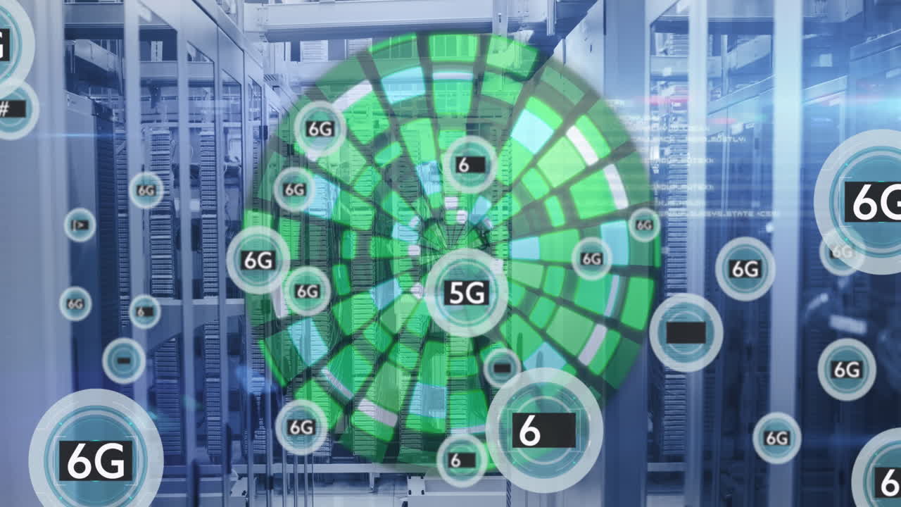 texto de 5g y 6g en pancartas redondas contra una forma circular abstracta verde y una sala de servidores informáticos