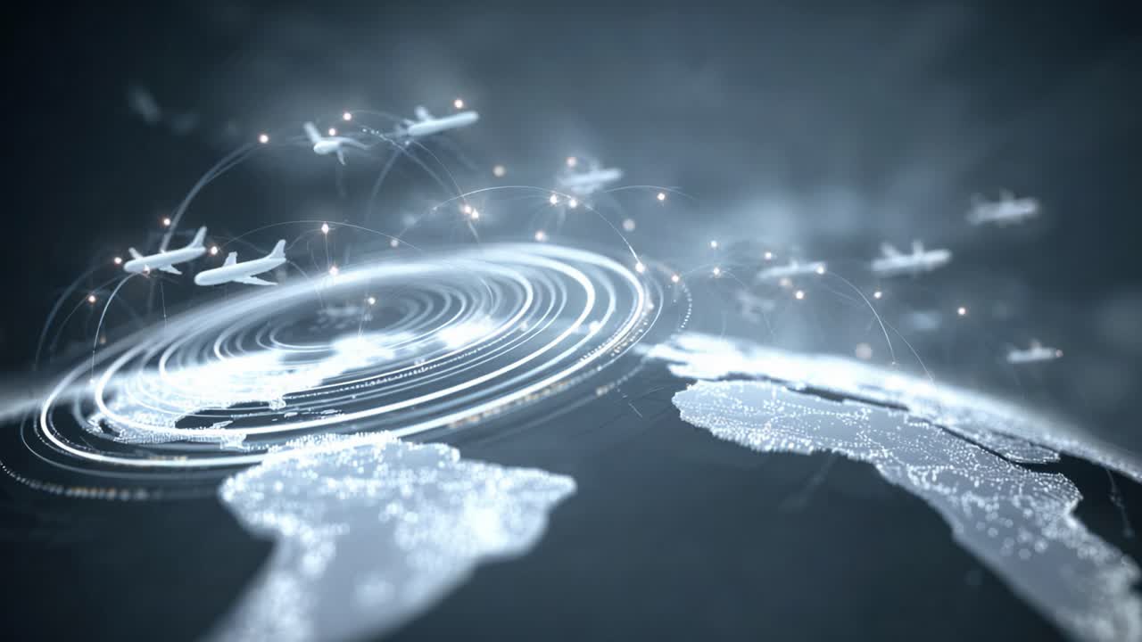 Digital animation showing airplanes flying over a glowing Earth, representing global travel, logistics, and interconnected data networks for international business and tourism