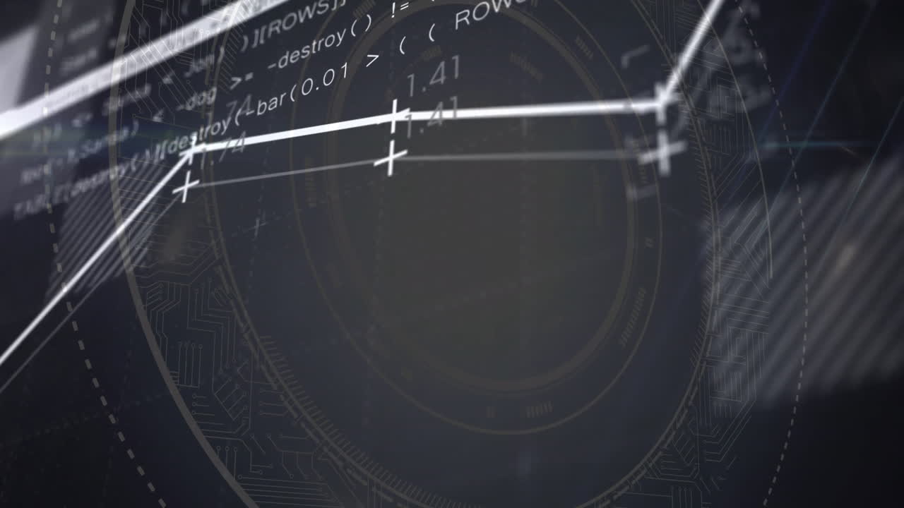 White polyline graph being animated over circular HUD with code snippets and circuit traces