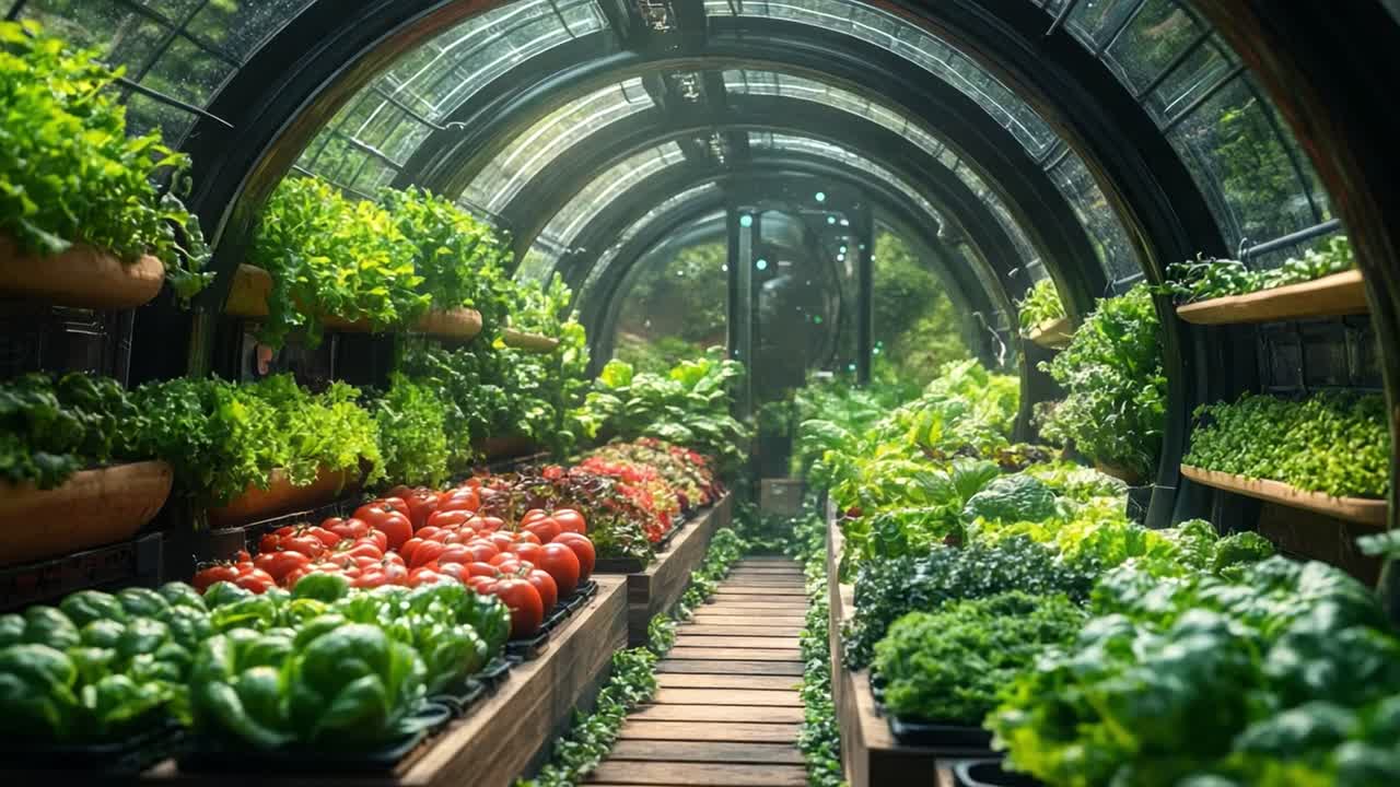 A greenhouse filled with rows of ripe tomatoes and lush green lettuce