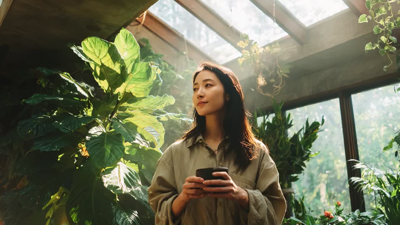 A Serene Moment in Nature: A Woman Holding a Coffee Cup Amidst Lush Greenery in a Sunlit Indoor Garden, Enjoying Peace and Reflection in a Tranquil Environment Filled with Plants and Natural Light