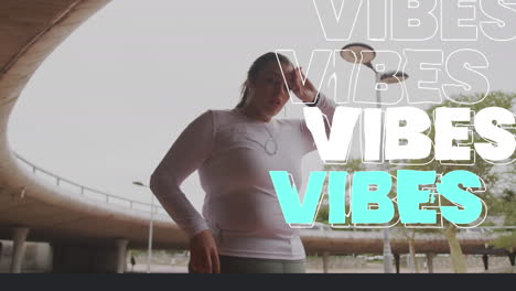 composición digital de vibraciones texto contra mujer tomando un descanso de correr