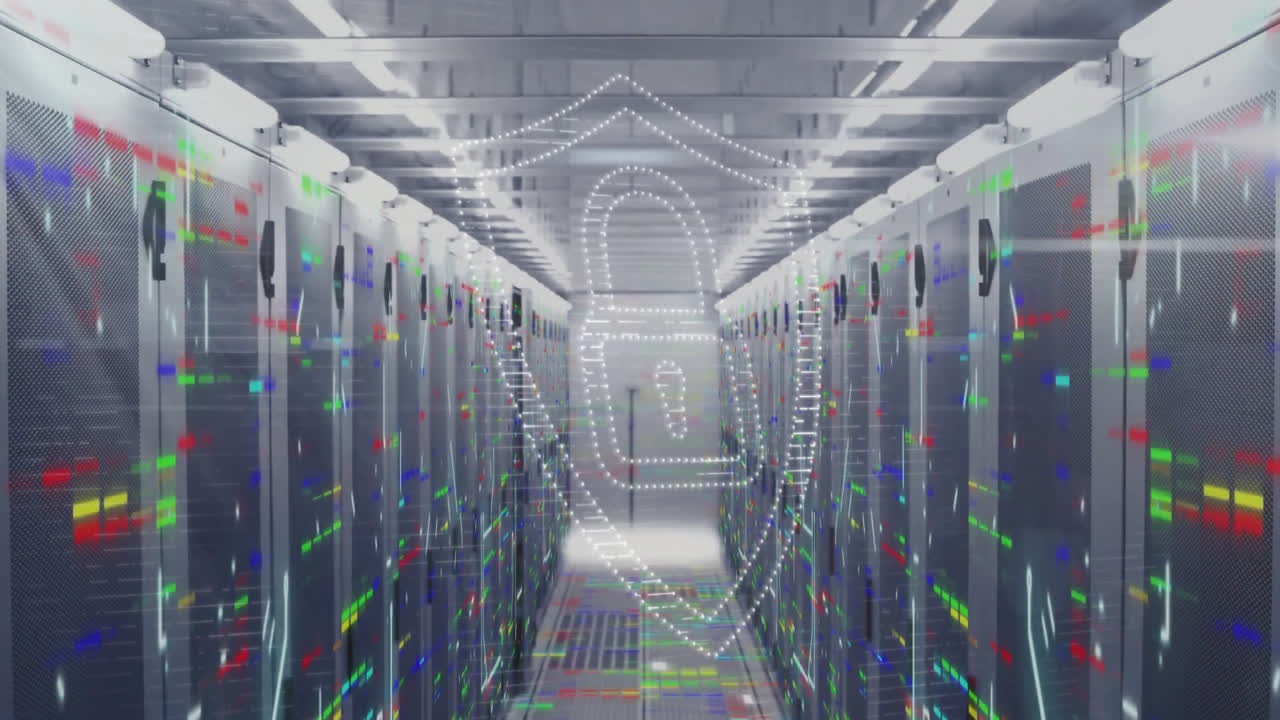 animación del icono del candado y procesamiento de datos a través de servidores informáticos.