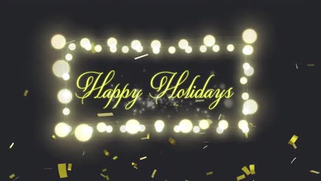 Animation-of-christmas-greetings-over-fairy-lights-frame-and-confetti-falling-in-background