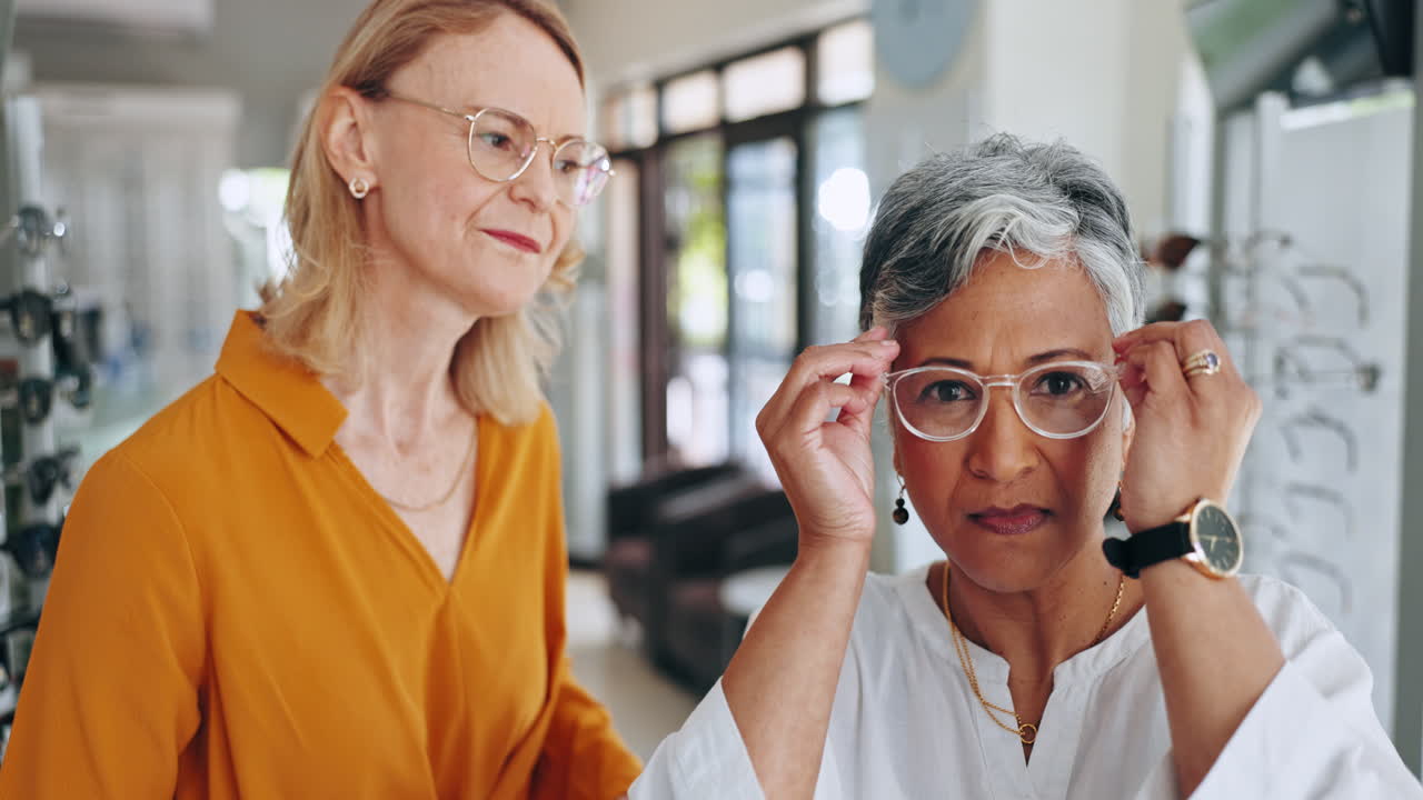 mujeres, compras de gafas y marco de lentes con sonrisa