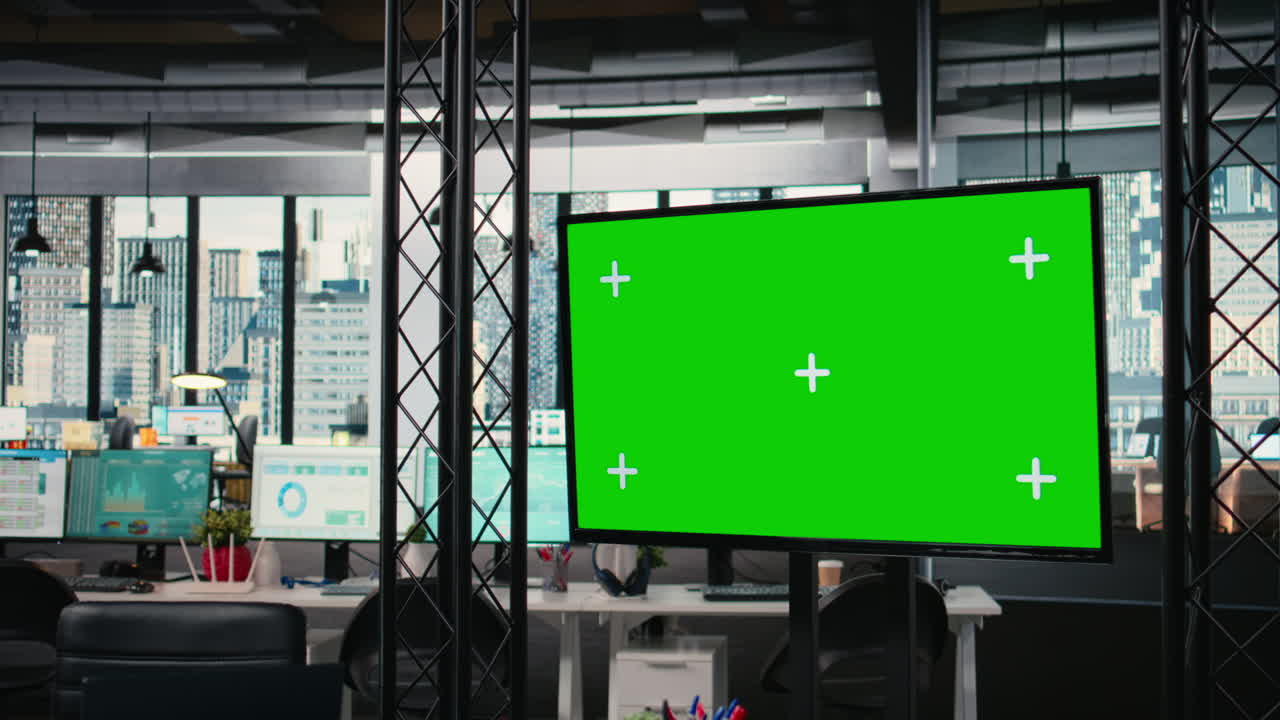 Empty boardroom with green screen and advanced digital tools