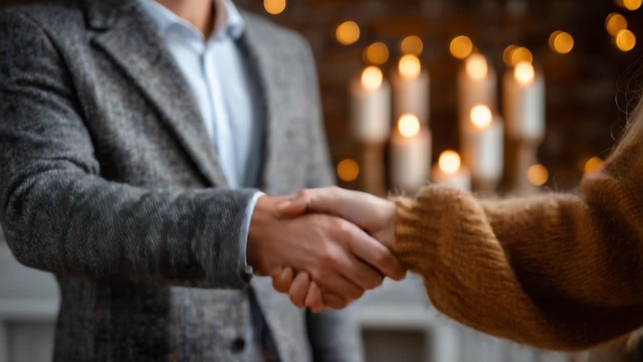 Un incontro di lavoro coinvolgente, valorizzato da una calorosa stretta di mano su uno sfondo sfocato di candele tremolanti, che simboleggia collaborazione e accordo