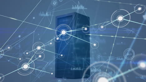 animation of network of connections with icons and data processing over computer server