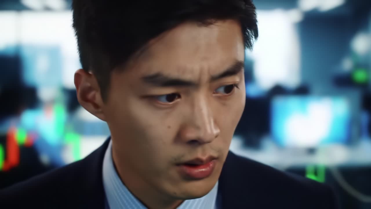 Financial Analyst Experiences Intense Market Fluctuations During Stock Trading in a Bustling Office Environment