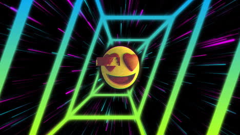 animación de emoji de ojos de corazón con formas geométricas de neón y rayas de luz coloridas