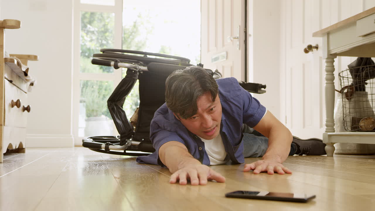 장애인 아시아인 남자가 집의 복도에서  ⁇ 체어에서 떨어지고 휴대전화로 도움을 요청하고 있습니다. 느린 속도로 촬영되었습니다.