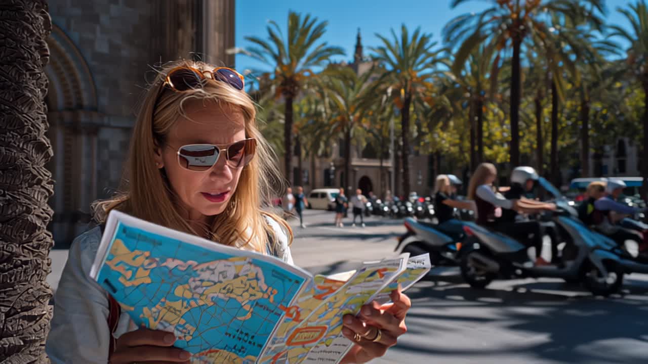 Turista donna sicura di sé con occhiali da sole studia una mappa colorata della città su un viale soleggiato fiancheggiato da palme mentre scooter e traffico passano sullo sfondo, catturando viaggi urbani e navigazione.