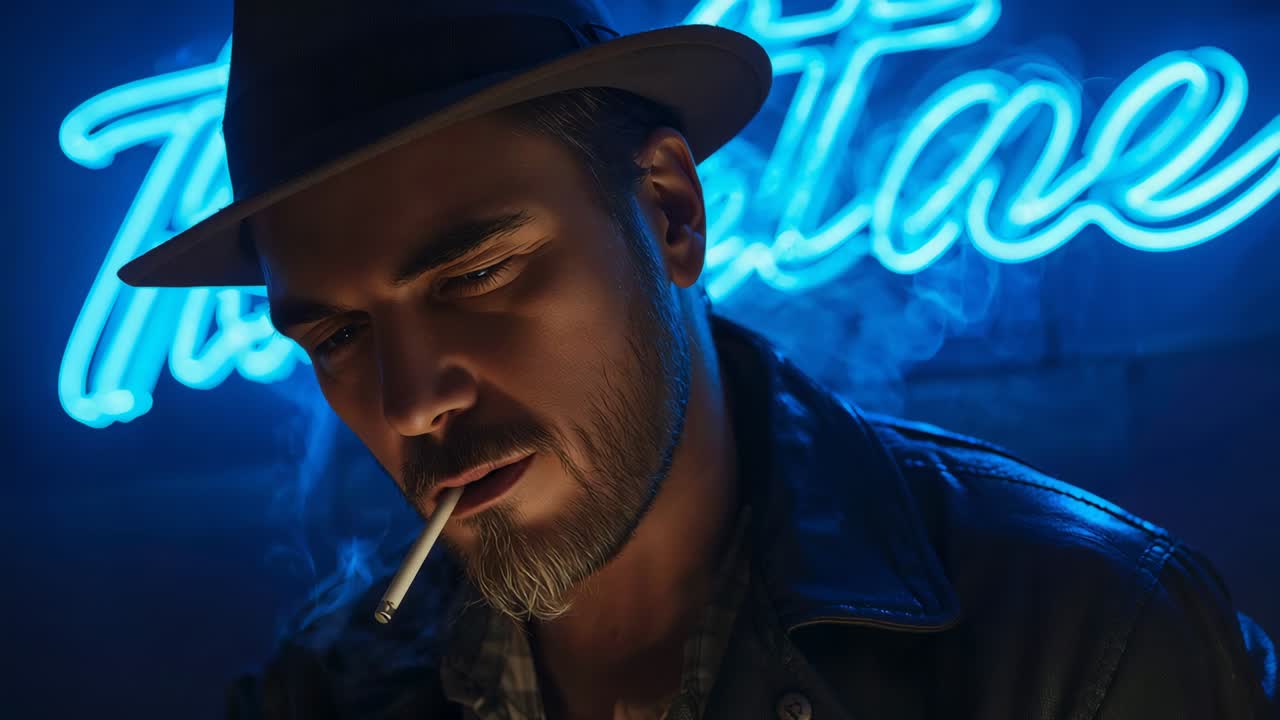 Thinking man hat leather jacket shifting gaze down to direct at neon-lit bar holding lit cigarette