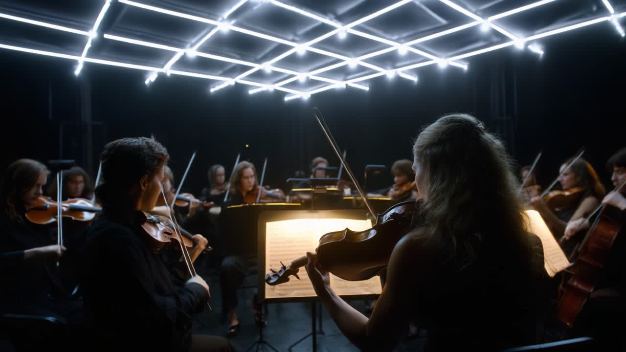 Un'accattivante performance di un'orchestra classica illuminata da suggestive luci al neon, che mostra musicisti di talento impegnati in un capolavoro sinfonico.