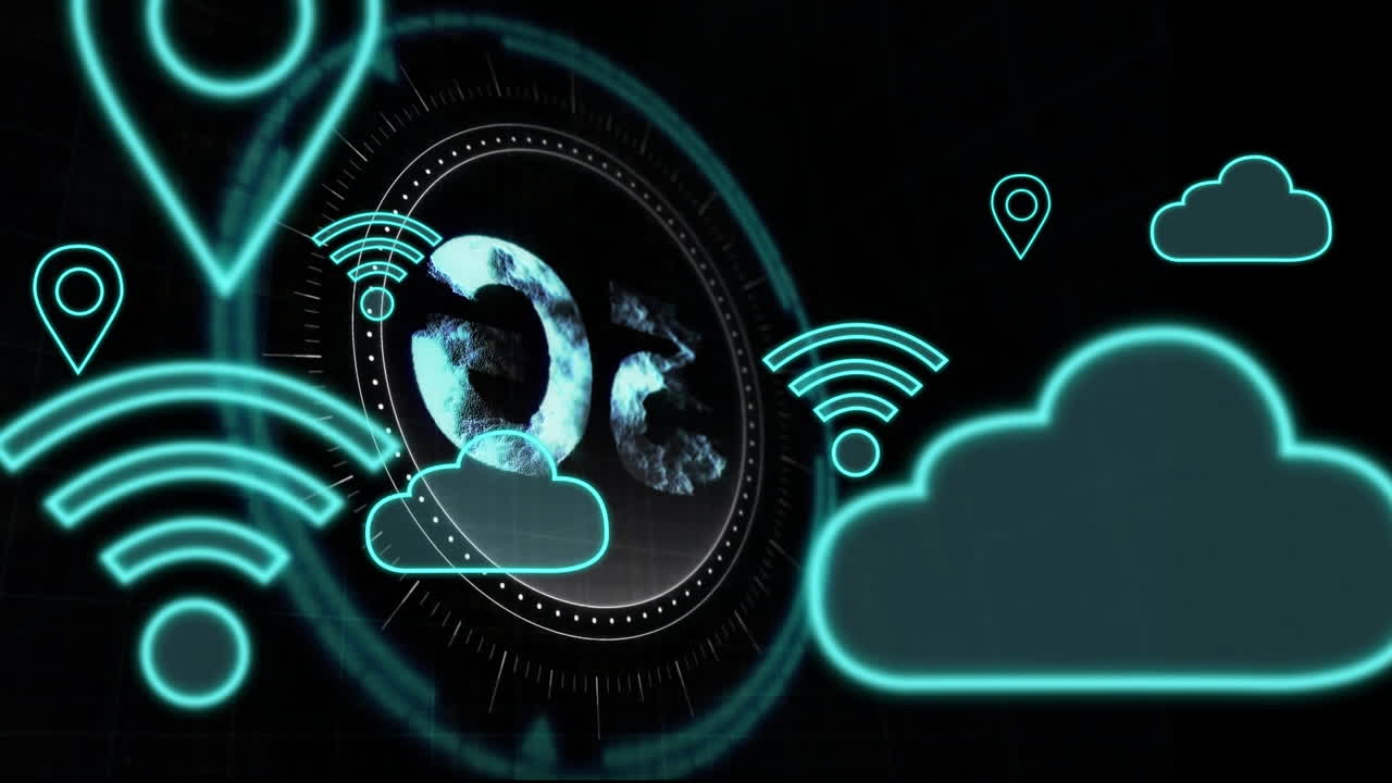 animación de iconos digitales y símbolos de criptomonedas sobre un fondo negro