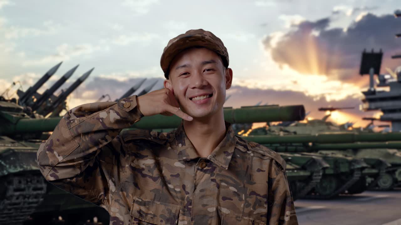 戦車と共に立つアジア人男性兵士が笑顔でカメラに向かって「電話して」のジェスチャーをしているクローズアップ