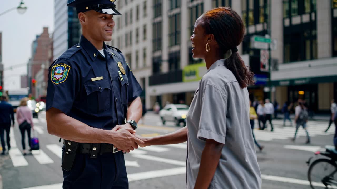 A police officer walks confidently on a city street, captured from a low-angle shot