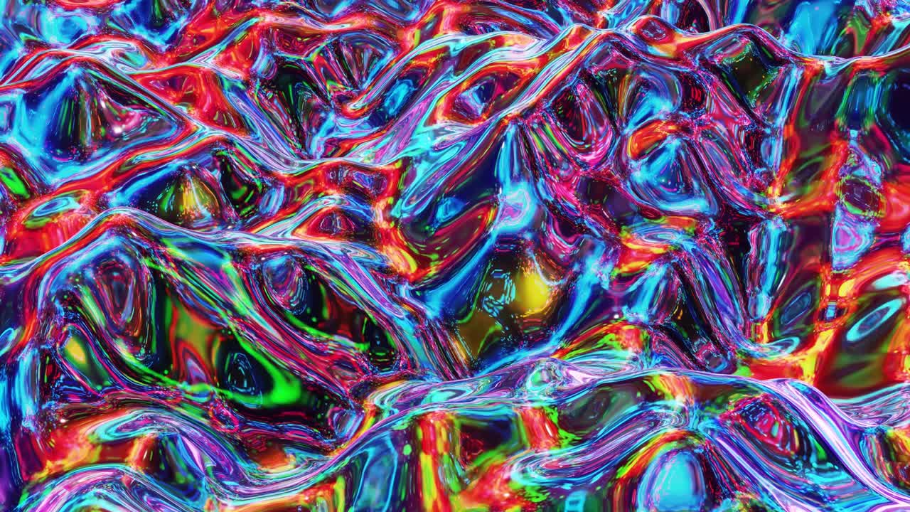 Liquid pattern like waves in looped motion. 3D stylish abstract iridescent bg of wavy surface like brilliant liquid glass with rainbow beautiful gradient colors. 4k trendy colorful fluid animation.