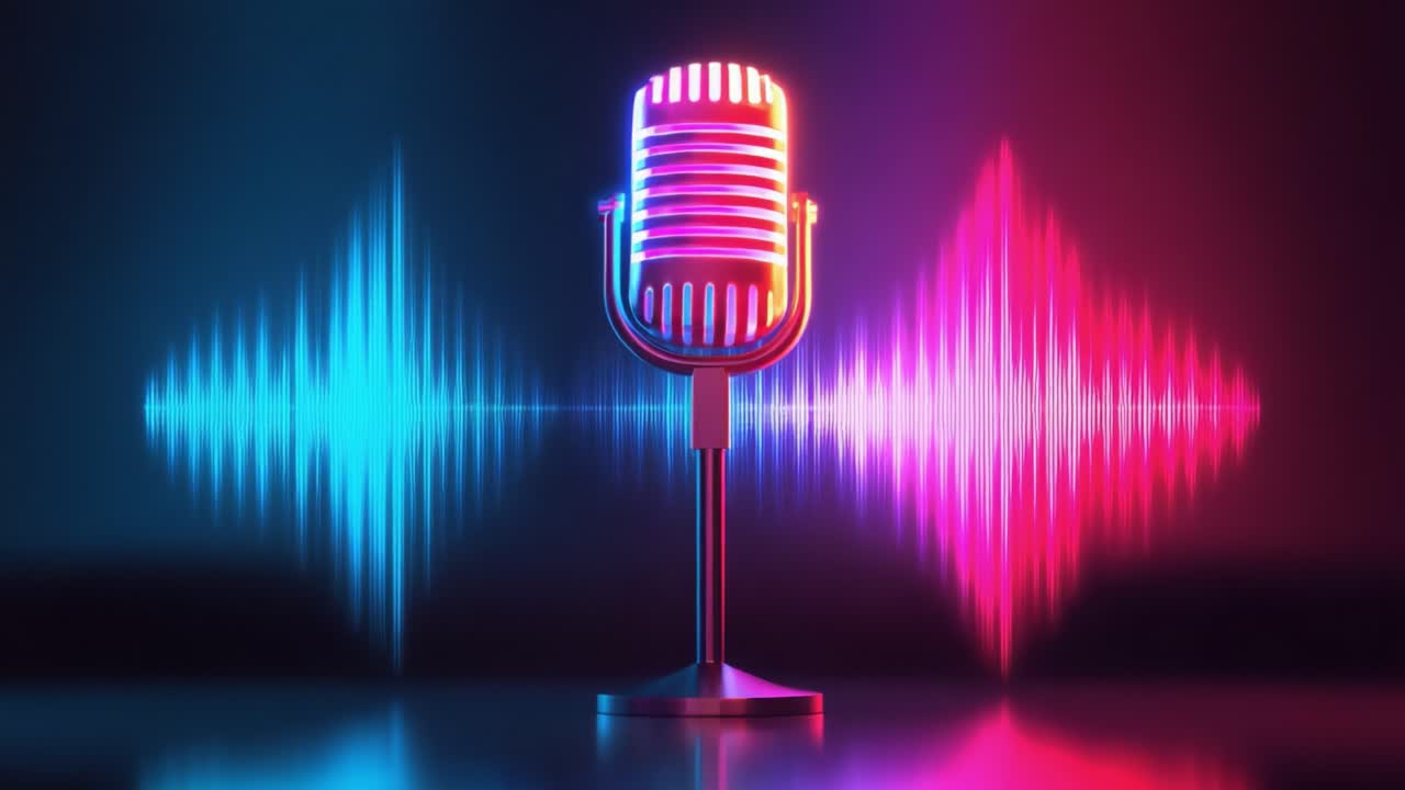 A Vibrant Retro Microphone Illuminated by Dynamic Colors Against a Dark Background with Audio Waveforms, Highlighting the Essence of Music and Sound in a Captivating Visual Display