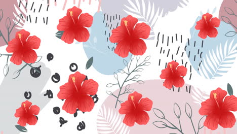 animation of red flowers pulsating in formation over pastel shapes on white background