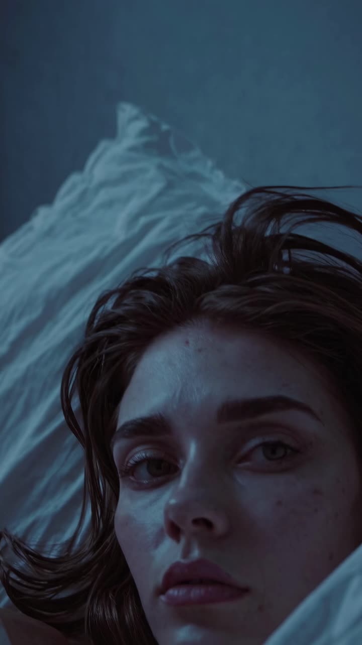 Close-up shot of a woman lying in bed, illuminated by soft, moody lighting, creating an intimate