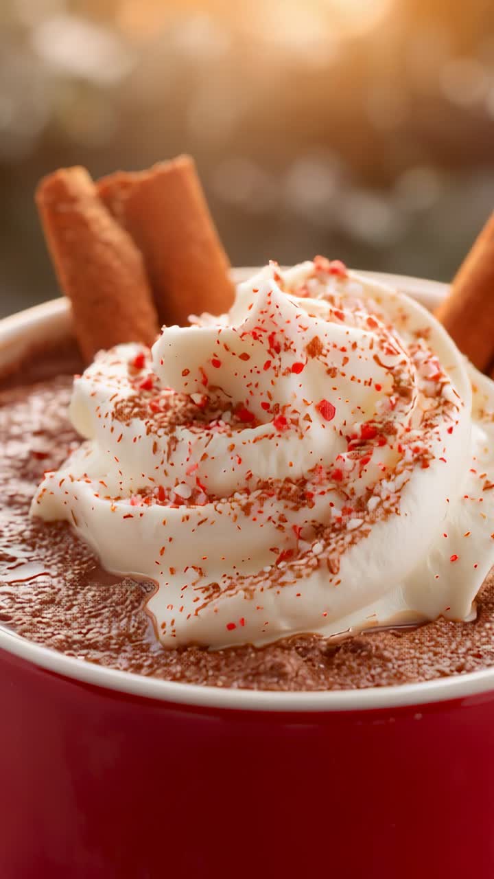Vertical video: Glinting light moving across cream topped red mug on countertop with cinnamon stick