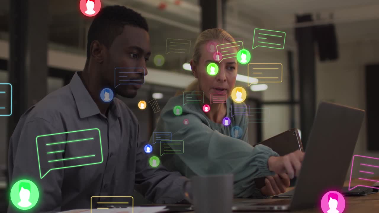 Animation of social media icons and data processing over diverse business people in office